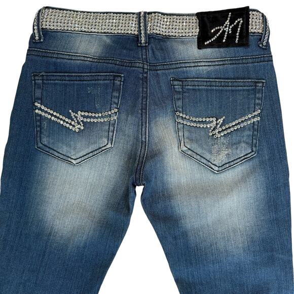 A7 Swarovski Crystals Distressed Jeans Womens 25 Low Rise Sexy Cowgirl Glam Rock - Picture 9 of 15